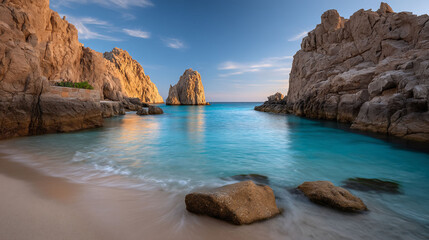 Scenic ocean cove with bright blue water framed by tall rocks and sandy beach view