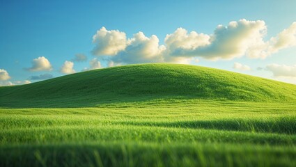 Obraz premium Green meadow landscape under a blue sky with summer clouds