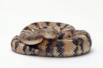 Fototapeta premium Close-up of a coiled rattlesnake, showcasing its intricate pattern and texture. Neutral background emphasizes the reptile's details.
