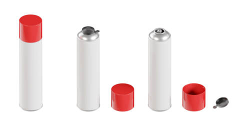 Portable gas bottle with red lid. Set of views. White metallic gas cylinder. Isolated on white background. 3D illustration.