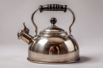 Stainless steel kettle designed for boiling water in a modern kitchen setting with a polished finish displayed on a neutral background