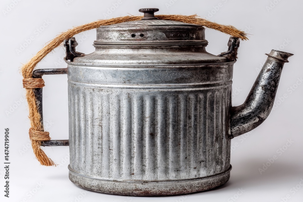 Poster vintage metal water jug with a rustic rope handle on a white background showcasing its aged design a