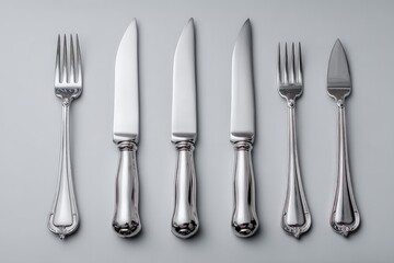 Elegant stainless steel cutlery set arranged on a smooth gray surface for dining purpose