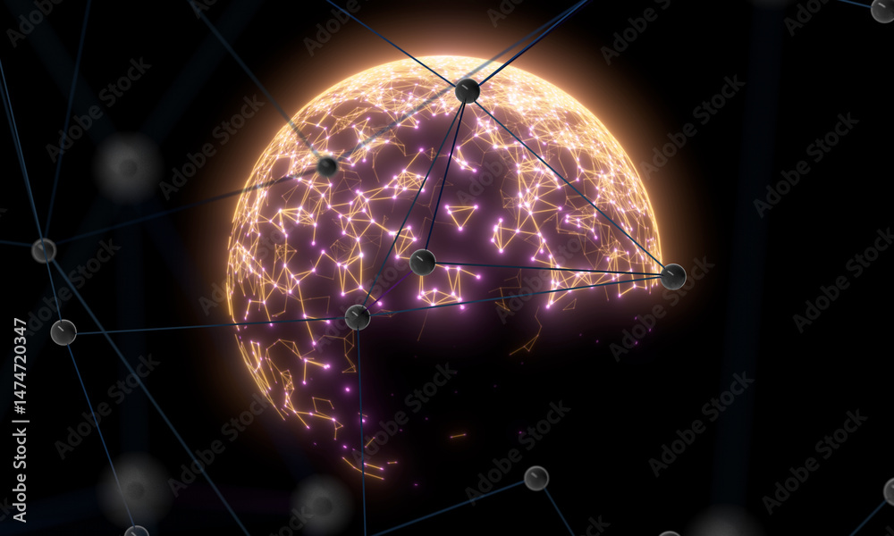 Poster Neural network 3D illustration. Big data and cybersecurity