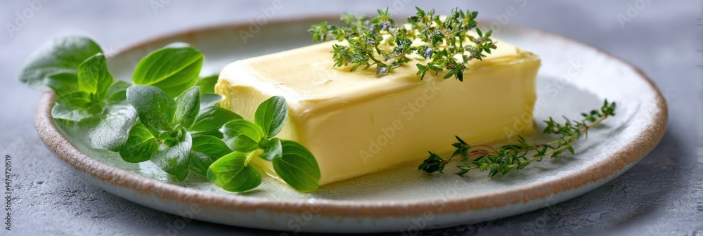 Poster fresh butter slab adorned with herbs on a rustic ceramic plate ready for culinary use in a cozy kitc