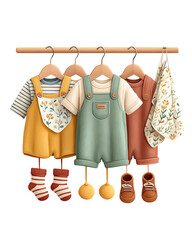 Adorable Baby Clothes Hanging on Wooden Rack Yellow, Green, and Terracotta Outfits