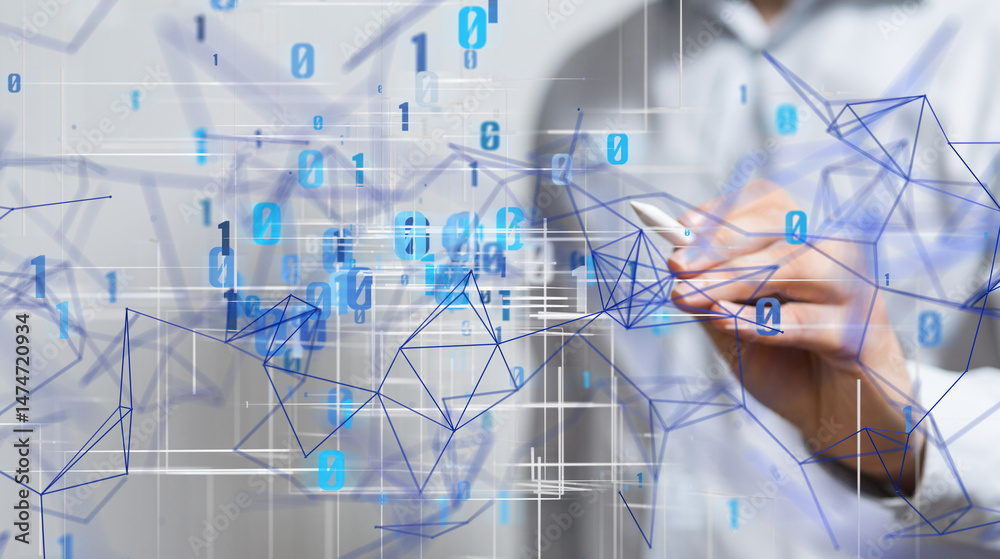 Poster Global network. Blockchain. 3D illustration. Neural networks and artificial intelligence. Abstract