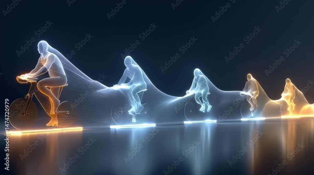 Aufkleber technology style whit net glowing wave,glowing line glow wave,glow line , people on exercise bike,stock photo