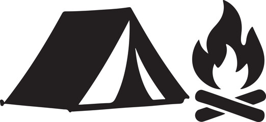 Campfire Scene with Tent Silhouette Vector