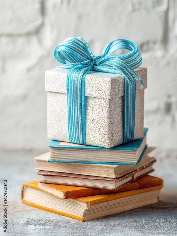 Poster gift box placed on stack of vintage books at a cozy table corner in an inviting setting