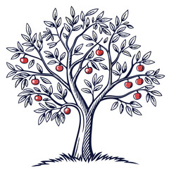 Illustration of an Apple Tree with Ripe Red Apples