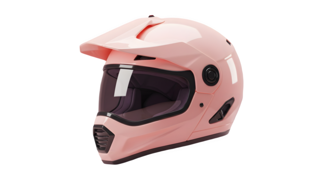 Pastel pink motorcycle helmet, sleek design, safety gear. Isolated on white or transparent background