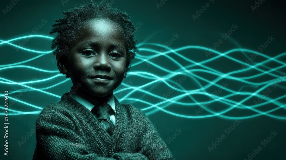 Poster technology style whit net glowing wave,glowing line glow wave,glow line , portrait of happy african 