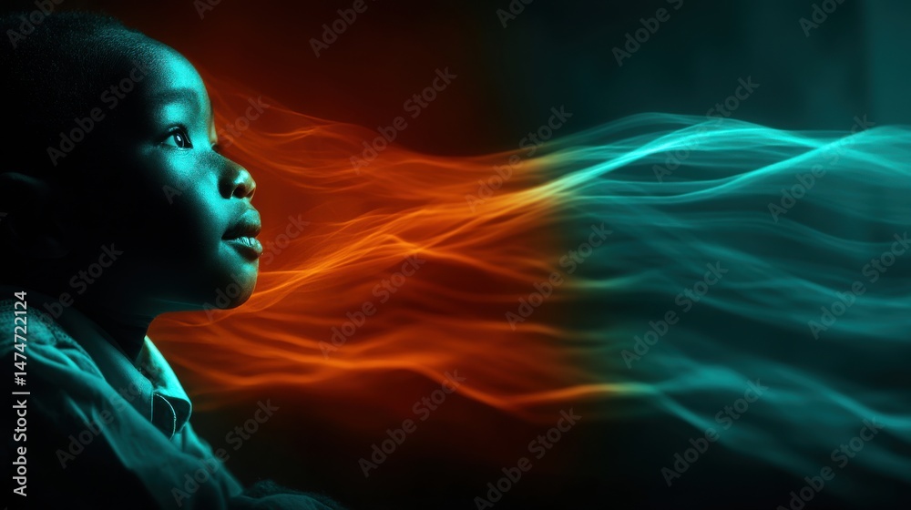 Aufkleber technology style whit net glowing wave,glowing line glow wave,glow line , portrait of happy african 