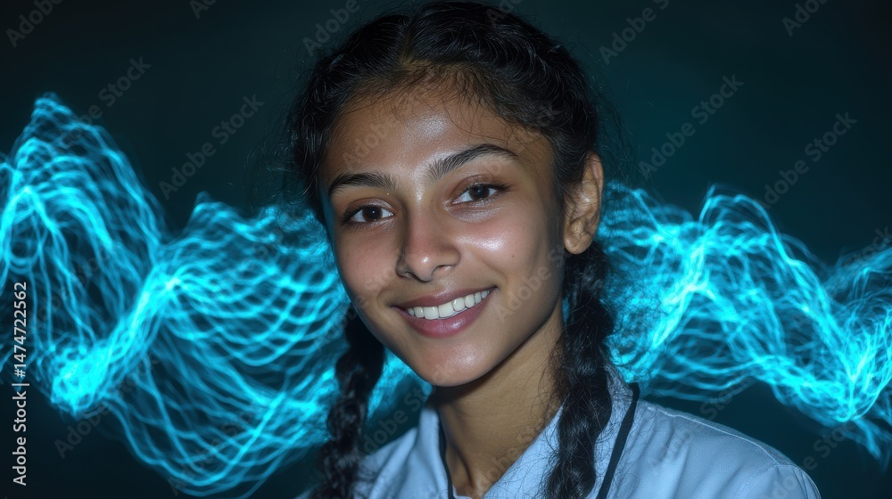 Poster technology style whit net glowing wave,glowing line glow wave,glow line , portrait of smiling indian schoolgirl study with classmate,stock photo