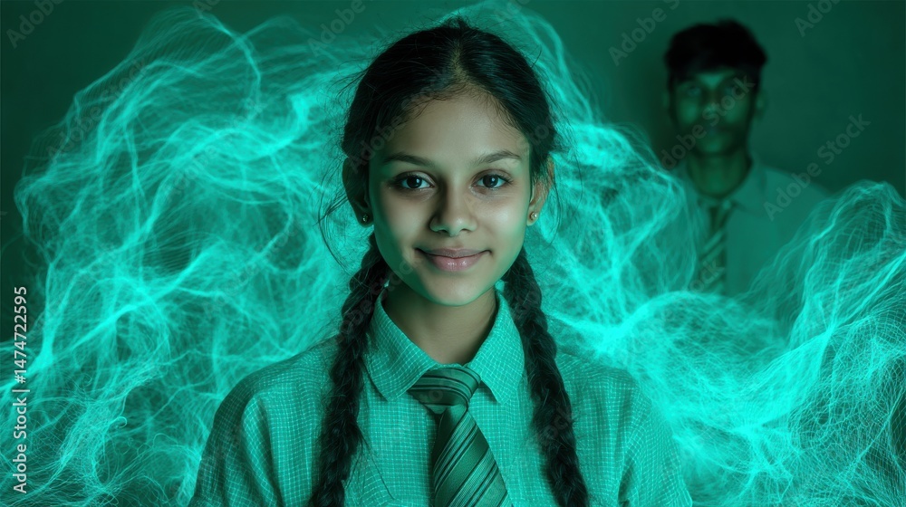 Aufkleber technology style whit net glowing wave,glowing line glow wave,glow line , portrait of smiling indian