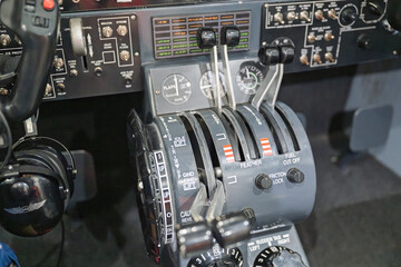 cockpit of airplane aeroplane plane, flight instruments throttle controls, aviation pilot flying...