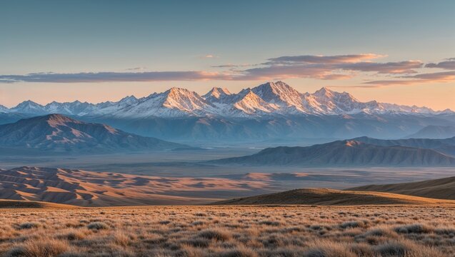 Mountain landscape with a vibrant sunrise over snow-capped peaks and cloudy skies