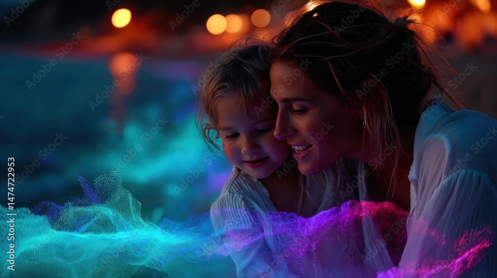 Poster technology style whit net glowing wave,glowing line glow wave,glow line , portrait of young laughing