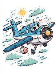 Cartoon airplane, flying in the sky with sun and clouds.  Angry expression