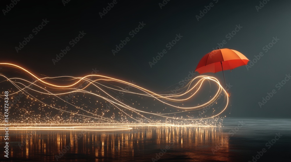Poster technology style whit net glowing wave,glowing line glow wave,glow line , red umbrella protect concept,photo stocks