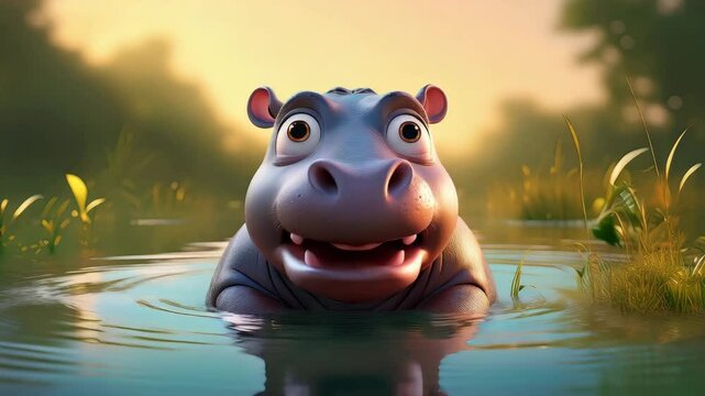 Cute a Cartoon Hippopotamus Character Talking in a Pond