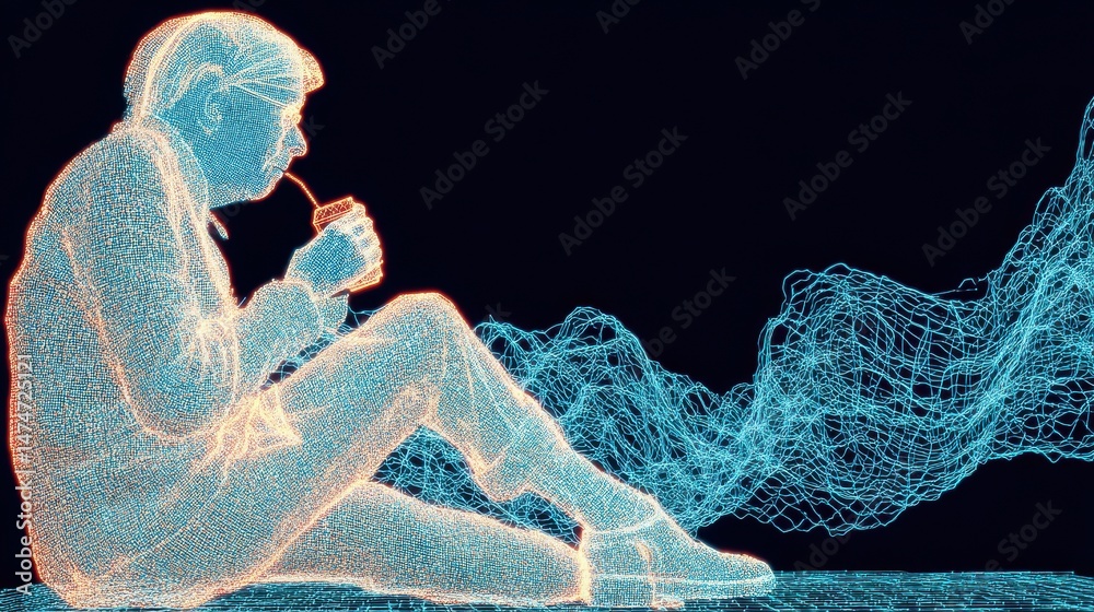 Poster technology style whit net glowing wave,glowing line glow wave,glow line , sad senior man drinking al