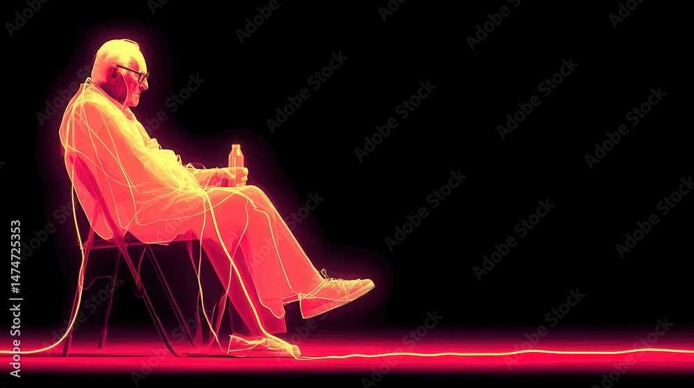 Poster technology style whit net glowing wave,glowing line glow wave,glow line , sad senior man drinking al