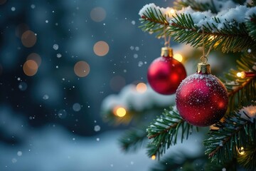 Obraz premium Festive Christmas background with twinkling lights and ornaments on a snowy evergreen branch , snowy, green