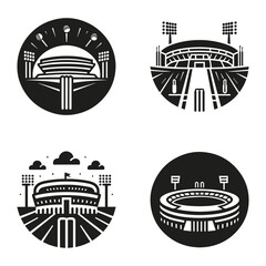 A simple, minimalist black-and-white icon representing a cricket stadium © Designs_by_Habibur
