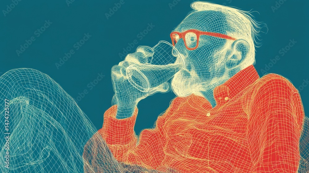 Aufkleber technology style whit net glowing wave,glowing line glow wave,glow line , sad senior man drinking al