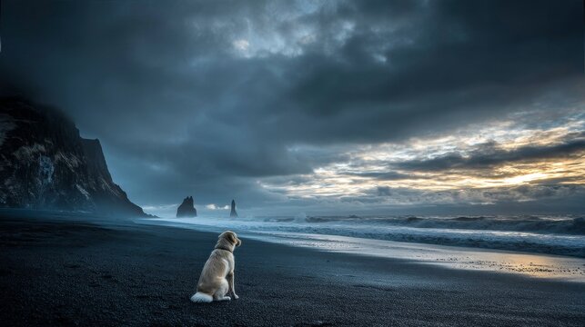 Dog on a black sand beach in Iceland, dramatic cliffs, Northern Lights in the sky - Powered by Adobe