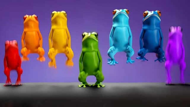 Seven cartoon frogs arranged in rainbow color spectrum from red to purple jump against gradient purple background