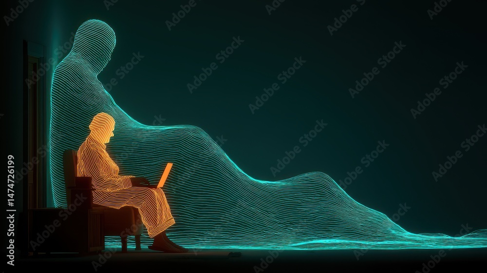 Poster technology style whit net glowing wave,glowing line glow wave,glow line , senior couple using laptop