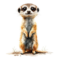 Fototapeta premium Digitally rendered illustration of a small, standing meerkat, portrayed in a cute, cartoonish style. Its expression and posture suggest a friendly mood.