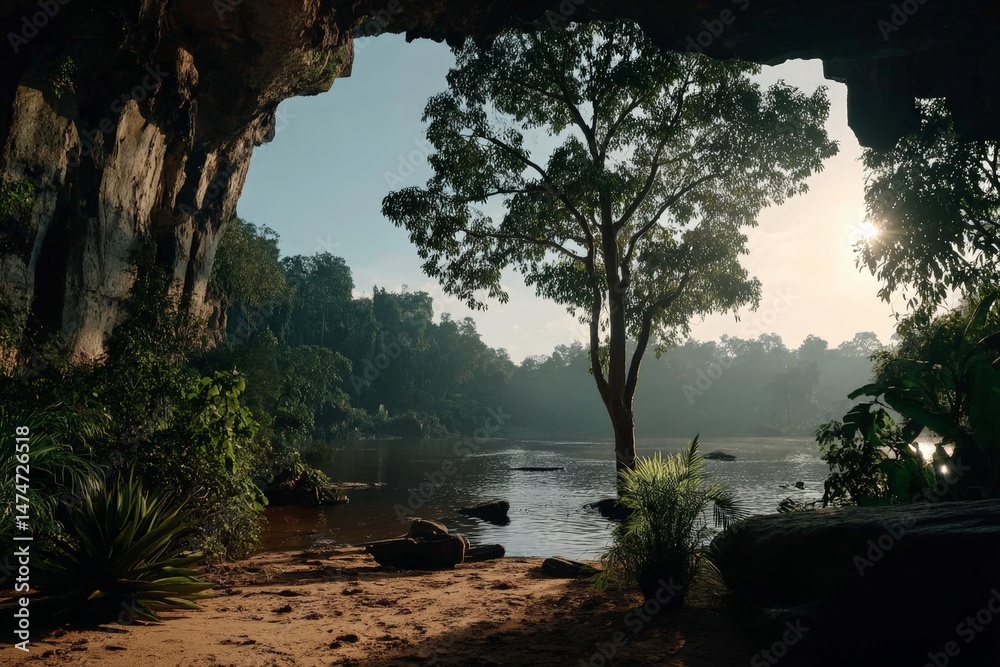 Poster Tranquil riverside view from a cave in the early morning with a serene tree and lush greenery