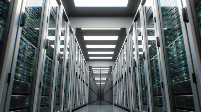 Server Room in Modern Datacenter Moving Through Loop 3d Animation. Working Server Racks Endless Illustration. Artificial Intelligence Neural Network Cloud Computing Data Storage Technology Concept 4k.