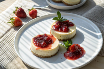 Four mini cheesecakes with creamy white filling and glossy red fruit compote are elegantly arranged on a speckled gray plate in bright natural light.