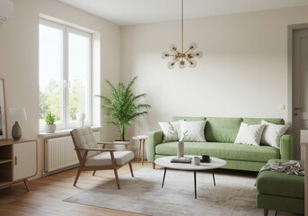 A living room with a green sofa, a chair, a coffee table, and a plant near a bright window space