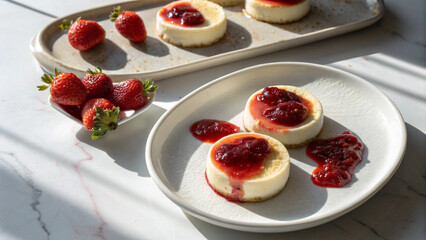 Against a bright, naturally lit background, a speckled gray plate holds four delectable mini cheesecakes with creamy white filling and a rich red fruit topping.