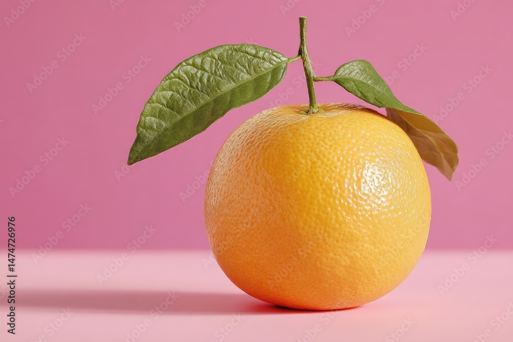 Aufkleber Fresh orange with green leaves resting on a pink background in a minimalistic setting