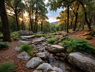 Stream flowing through a rocky forest with sunset light shining through the trees