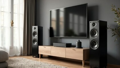 High-end audio speakers in a modern home setting, showcasing sleek design and superior sound , acoustic, home entertainment