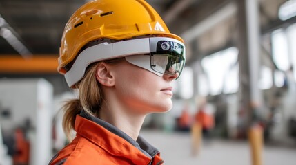 european factory worker wearing hard hat and work clothes in white augmented virtual reality glasses, with copy space