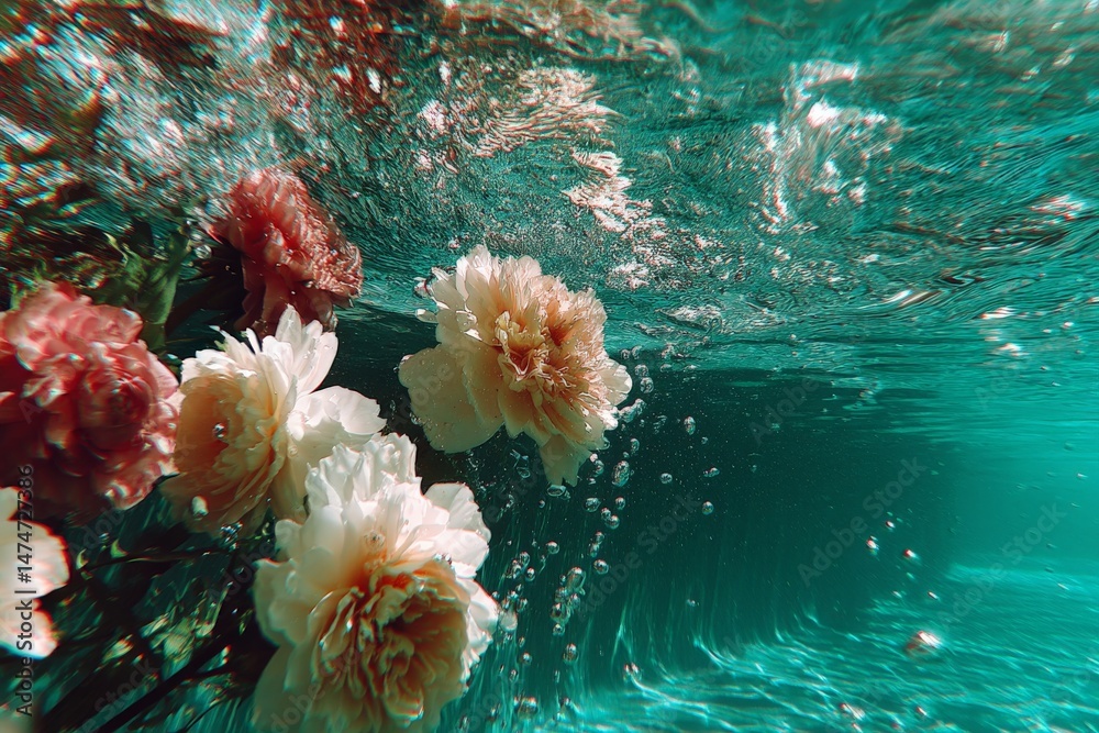 Poster flowers submerged underwater with bubbles in a serene aquatic environment during daylight