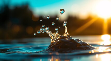 Falling drops of water. Splash effect after a collision of a falling drop with the water Surface