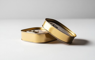 Two gold-colored metal cans, slightly overlapping, rest on a plain white surface