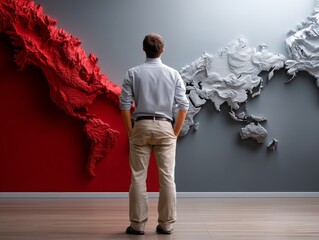 Man Contemplating Global Expansion Modern Office Artistic Wall Map Neutral Environment Thoughtful Viewpoint