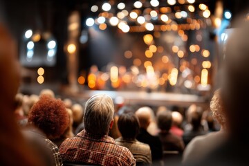 Audience enjoys live music performance in a theater during a vibrant evening event