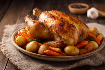Juicy roasted chicken with vegetables arranged on a rustic platter set on a wooden table